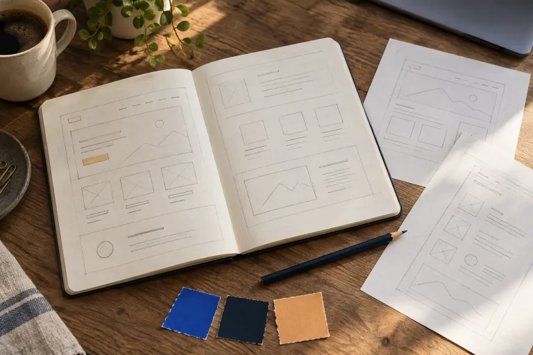 Illustration: a notebook with page sketches and color swatches on a wooden table.